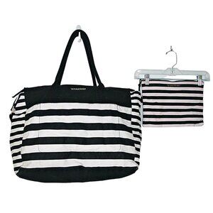 Victorias Secret Weekender Bag Black White Pink Stripe Canvas Tote w/ Bonus Bag
